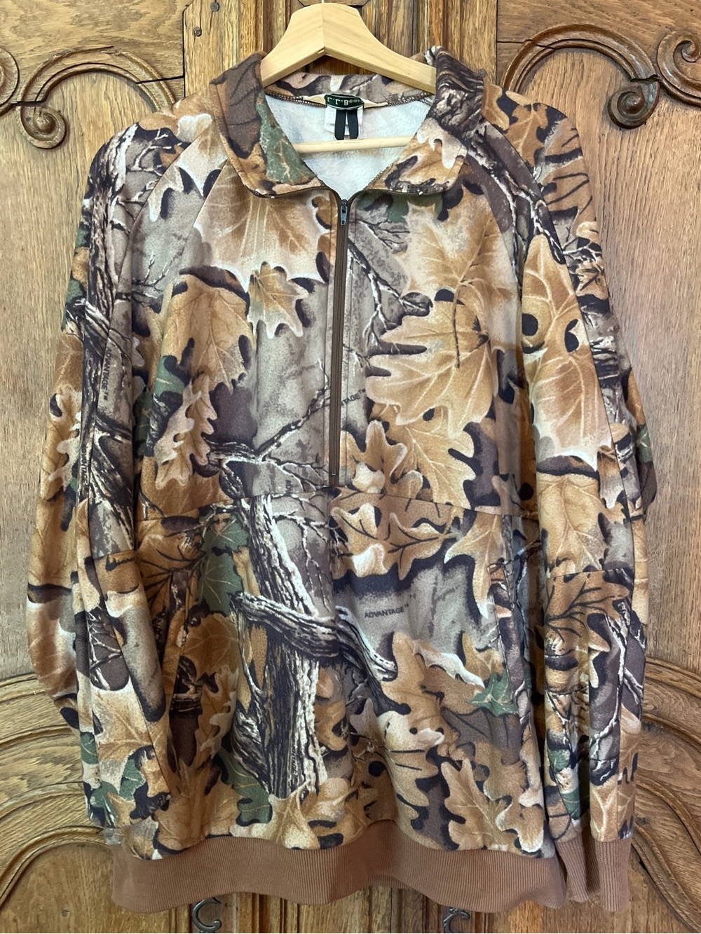 LL Bean Men Camouflage Fleece Half Zip Pullover Jacket Camo Wood Oak Leaf - Picture 2 of 9